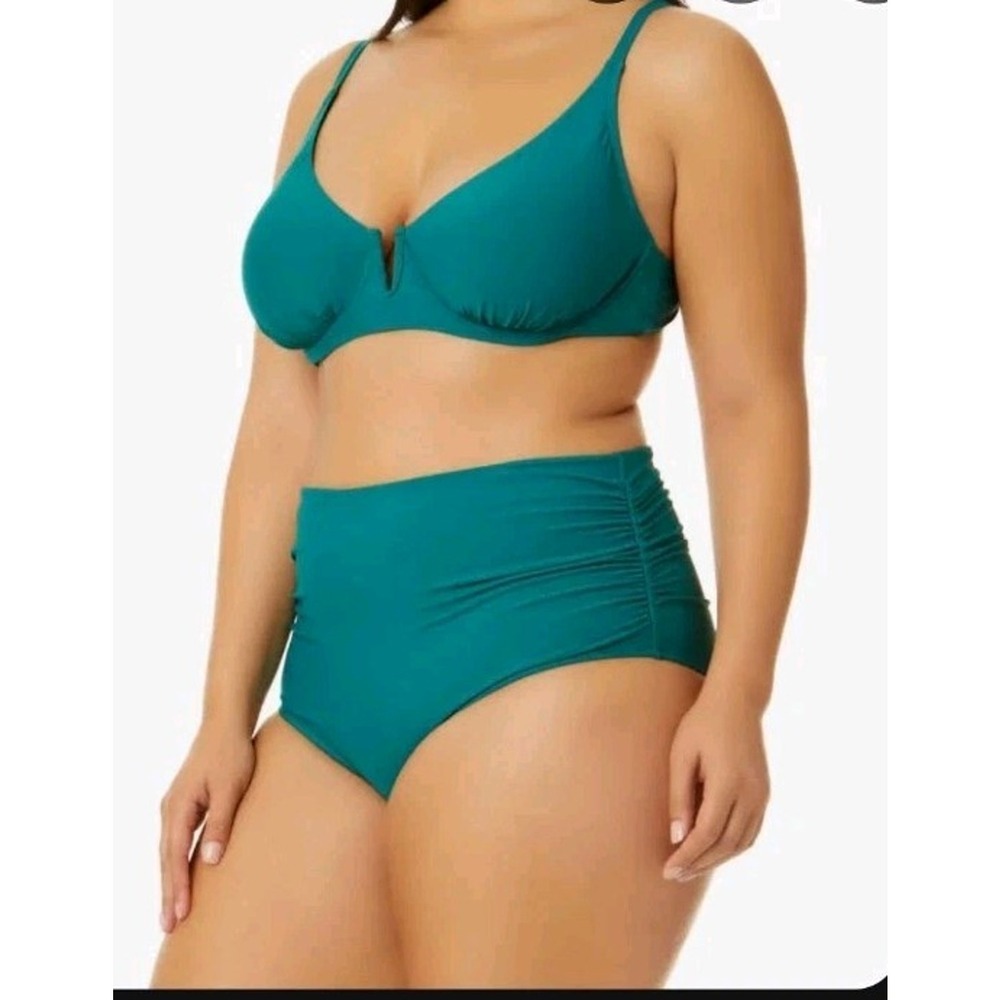 2 Anne Cole Side Shirred High-Waist Bikini Bottoms Green Yellow Floral XXL 8251